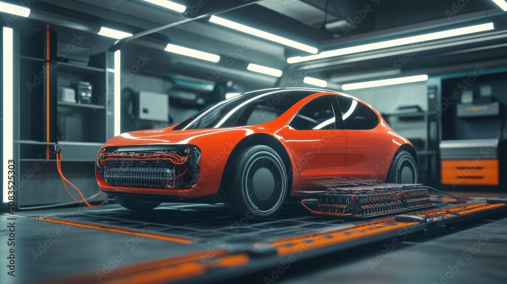 Fototapeta premium A 3D electric car on a battery module platform in a sleek garage.