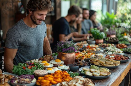 A man looks at a large buffet with various foods, like eggs, salads, and breads, served to a group of people