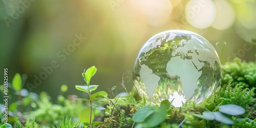 A serene nature scene with a crystal-clear glass globe resting on a bed of lush green moss and small plants.