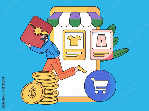 Holiday shopping people doing e-commerce online shopping flat vector concept operation hand drawn illustration
