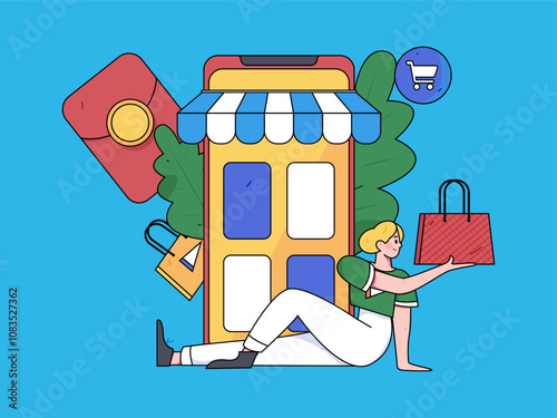 Holiday shopping people doing e-commerce online shopping flat vector concept operation hand drawn illustration
