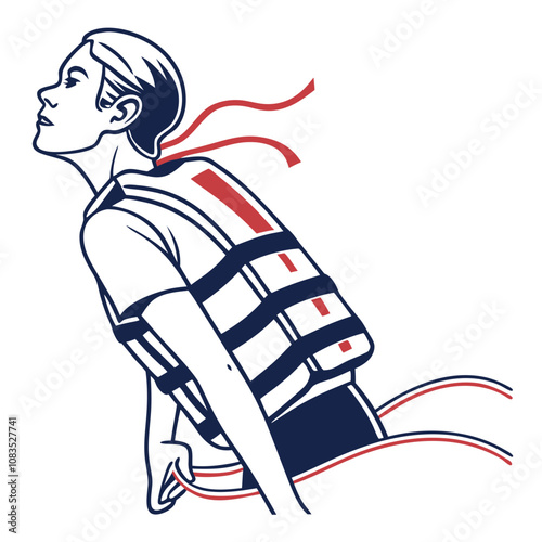 Woman in Life Jacket: A retro-inspired illustration of a woman in a life jacket, looking out toward the horizon. The bold lines and color palette evoke a sense of adventure and safety.  