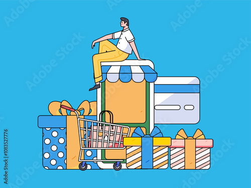 Holiday shopping people doing e-commerce online shopping flat vector concept operation hand drawn illustration
