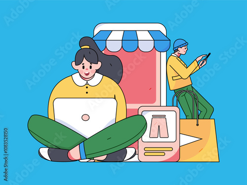 Holiday shopping people doing e-commerce online shopping flat vector concept operation hand drawn illustration
