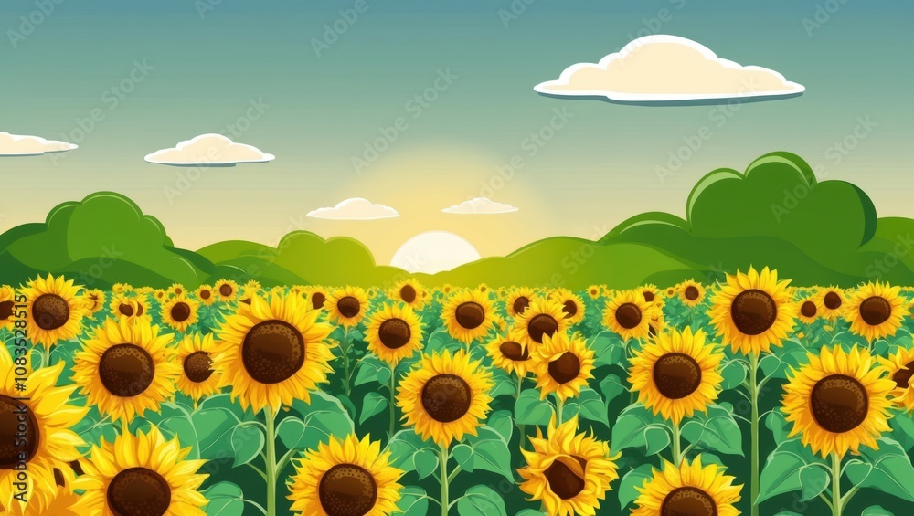 Obraz premium Sunflower fields blooming at sunrise in a scenic landscape nature photography vibrant rural environment