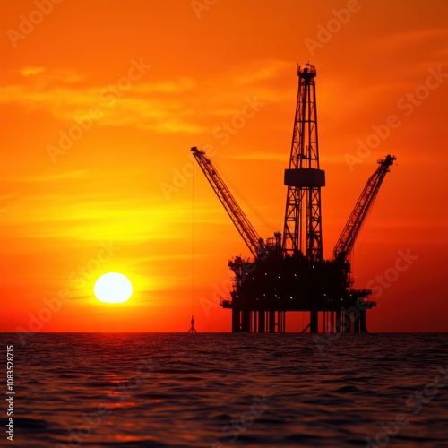 Silhouette of an offshore oil rig against a vibrant orange sunset, symbolizing energy production, fossil fuels, and the petroleum industry. photo