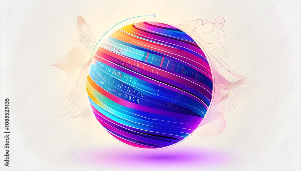Fototapeta premium illustration of an abstract, rotating digital sphere with patterns resembling AI algorithms, surrounded by faint lines tracing athletic motions