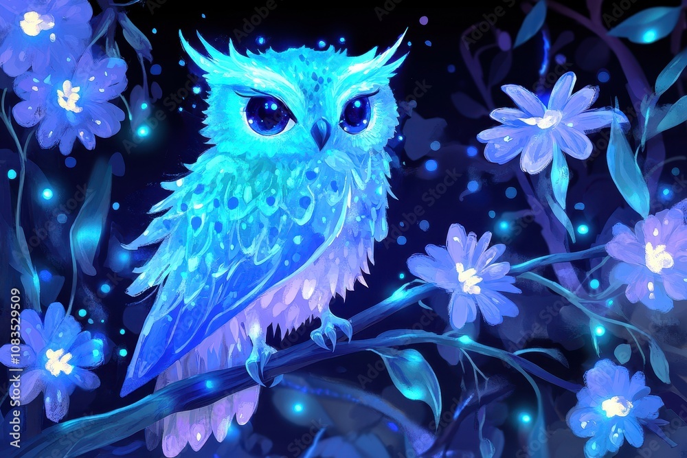 Obraz premium Mystical Owl Perched on Branch in Night Forest