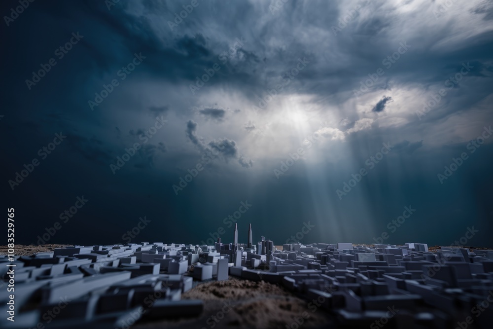 Fototapeta premium A miniature cityscape with two tall buildings under a dramatic stormy sky.