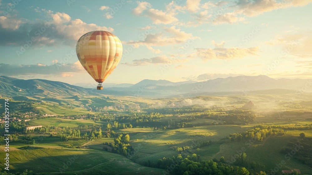 Obraz premium Hot Air Balloon Soaring Over a Verdant Valley at Sunset