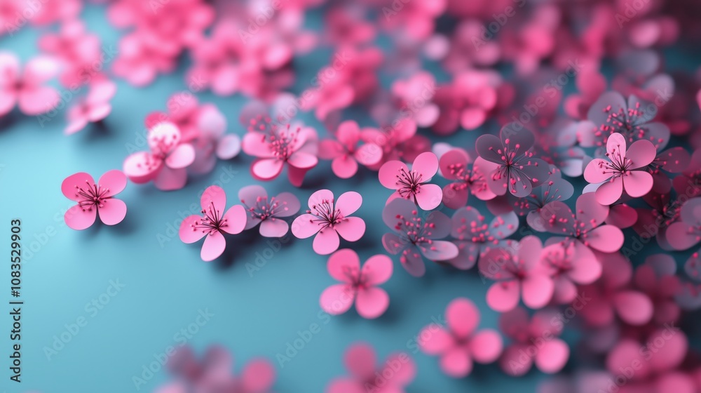 Fototapeta premium Cherry blossoms in a vibrant 3D design scattered across a blank background for text.