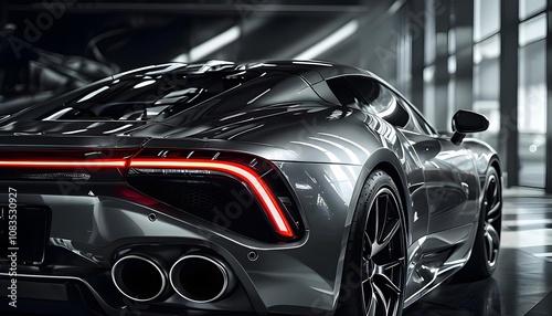 Sleek sports car in modern showroom, metallic black, luxury automotive advertisement