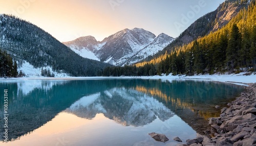 Pristine Alpine Lake Nestled Between Rugged Snow-Capped Mountains, With Crystal Clear Waters Reflecting the Majestic Peaks and Pine Forests Surrounding the Shoreline