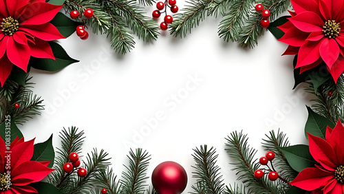 Wallpaper Mural Festive Christmas Frame with Red Poinsettias & Pine Cones on White Background | Adobe Stock Torontodigital.ca