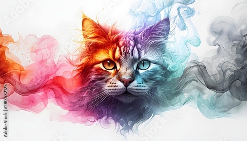 Vibrant cat illustration with colorful smoke; ideal for artistic poster design