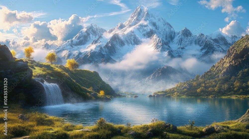 Obraz premium Serene Mountain Lake with Waterfall and Snow-Capped Peaks
