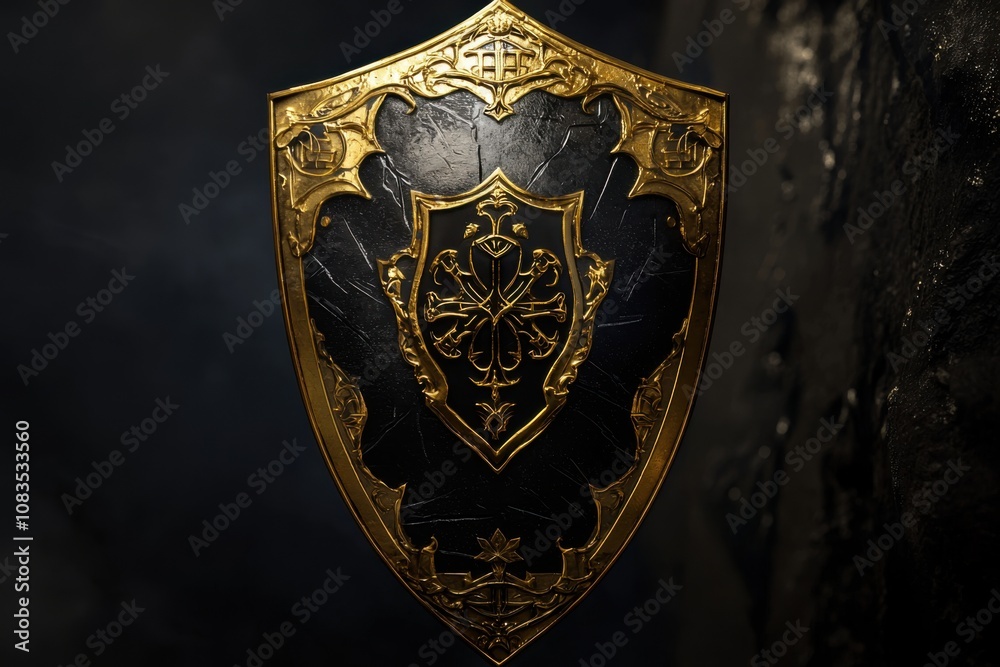Fototapeta premium A detailed ornate shield featuring a black and gold design, likely for decorative or gaming use.