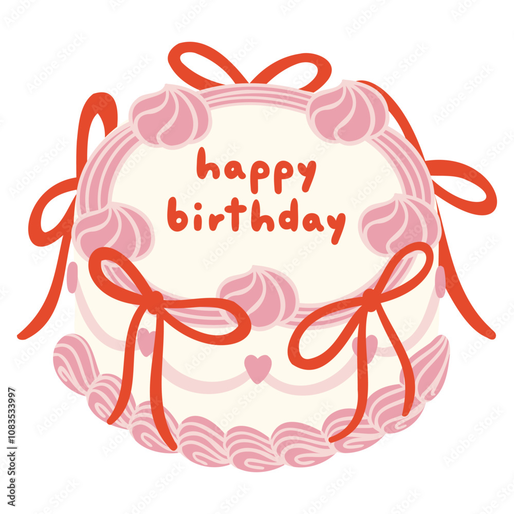 Obraz premium Vintage Round Cake Pink Tone Vector Illustration with Whipped Cream, Coquette Ribbon, and Happy Birthday Message