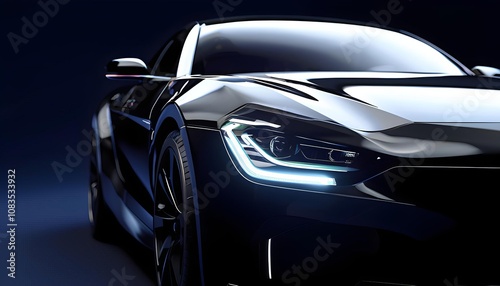 Sleek modern sports car in dark glossy black, showcasing luxury and speed, automotive ad