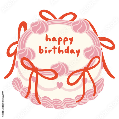 Vintage Round Cake Pink Tone Vector Illustration with Whipped Cream, Coquette Ribbon, and Happy Birthday Message