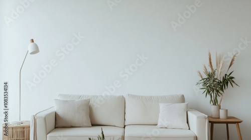 An elegant and refined living room setup featuring a white canvas backdrop, Sparse yet tastefully arranged minimalist furnishings, Classic minimalist style