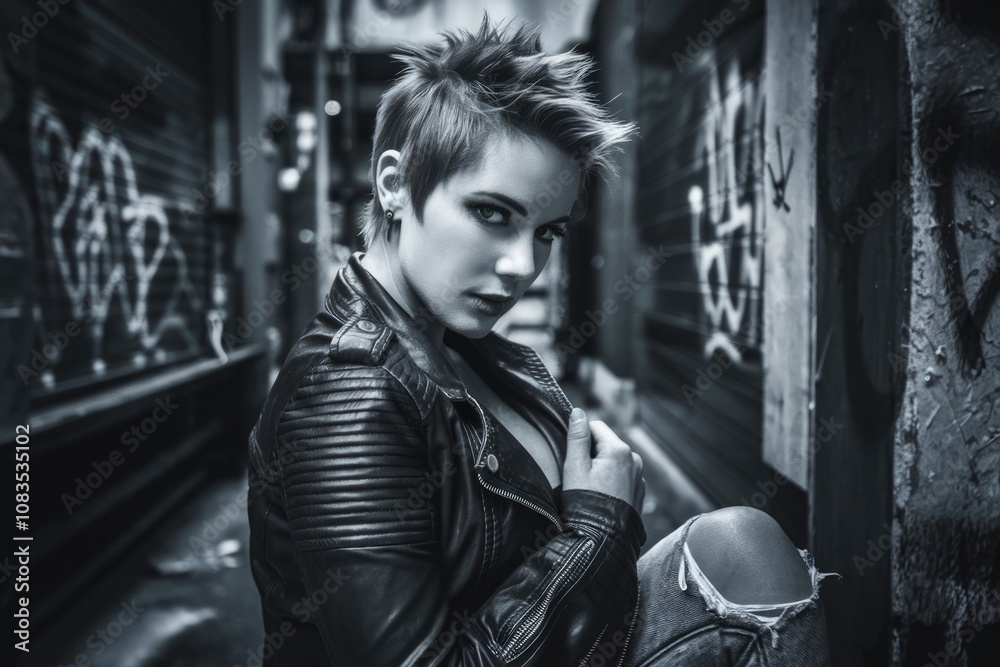 Obraz premium A woman with spiky hair wearing a leather jacket stands in a dark alley.
