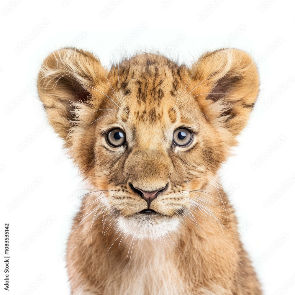 Obraz premium Close up of a cute lion cub looking at the camera on white background