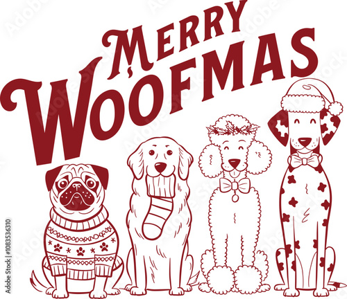 Merry Woofmas Design for T-Shirt, Vintage Retro Christmas Dogs, Woof Woof Xmas Dog Quote