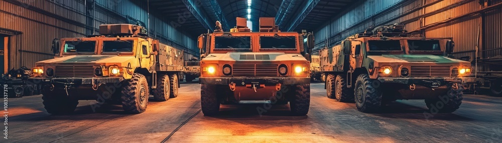 Fototapeta premium Military vehicles lined up in dimly lit industrial warehouse, tough exteriors, intense orange glow on concrete, symbolizing power and readiness