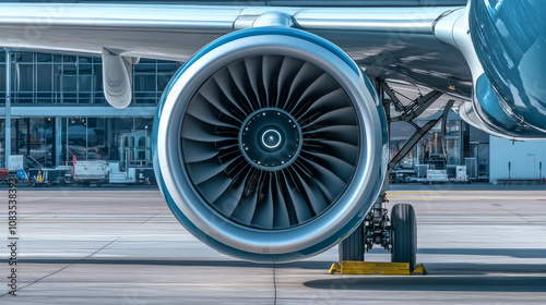 A close-up photo of a jet engine. You can see the front fan blades clearly. This picture is perfect for people who love airplanes.