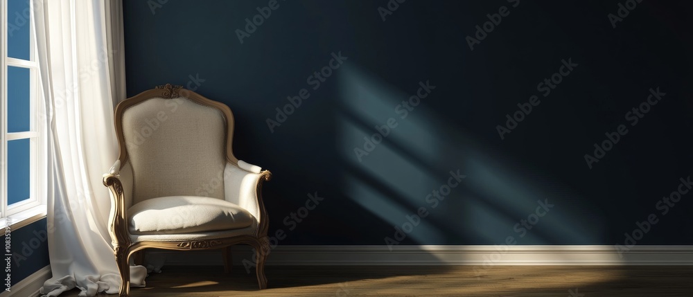 Fototapeta premium a soft beige armchair by the window with dark blue wall