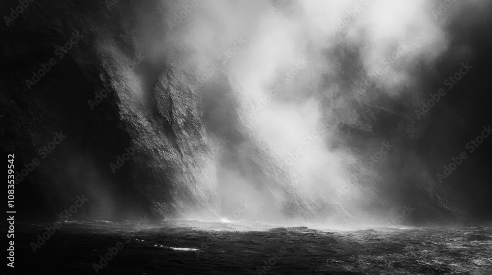 Obraz premium Black and White Photograph of a Waterfall Misting Over a Dark Body of Water