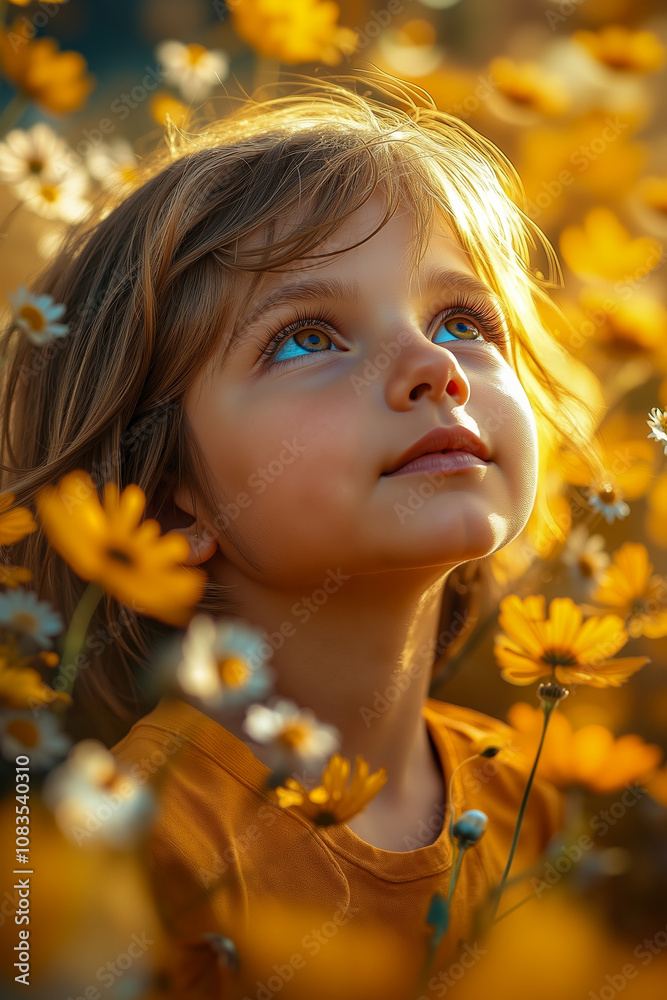 Fototapeta premium A little girl in a field of yellow flowers looking up at the sky