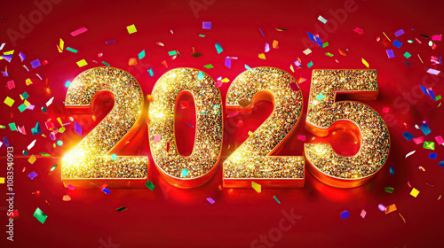 Golden glitter 2025 numbers with festive confetti celebration