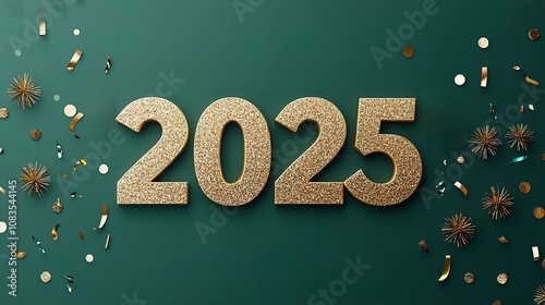 Golden glitter 2025 numbers with festive confetti celebration