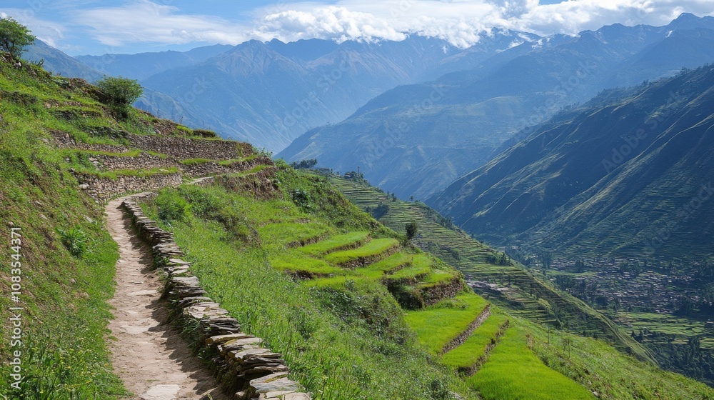 Fototapeta premium Stone Pathway Winding Through Lush Terraced Hillsides