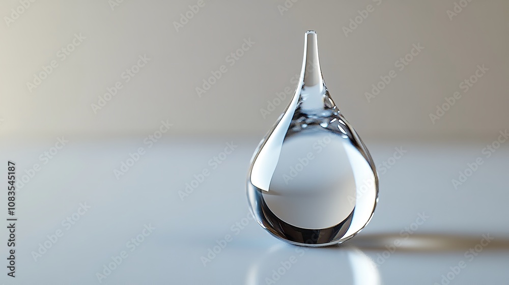 Fototapeta premium Single Water Drop Suspended in Mid-Air - A single water drop, suspended in mid-air, appears as a transparent sphere, reflecting light and showcasing the beauty of simple forms and natural element