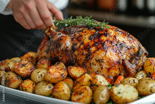 A chef's hand finishing a glazed turkey with a sprig of thyme, served on a large white platter with golden roasted potatoes, baby carrots, and greens. The kitchen backdrop adds a w