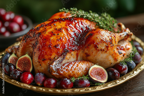 A festive table decorated with gold accents, featuring a baked turkey on a pedestal platter, garnished with fresh figs, thyme, and a rich cranberry glaze dripping off the sides