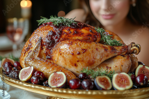 A festive table decorated with gold accents, featuring a baked turkey on a pedestal platter, garnished with fresh figs, thyme, and a rich cranberry glaze dripping off the sides