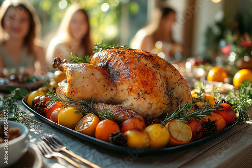 A baked turkey presented in a farmhouse setting, with vintage dishes, linen napkins, and hand-tied herb bundles decorating the table. Natural sunlight streams through a window