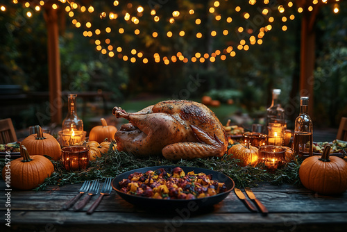 A charming outdoor Thanksgiving table set under string lights, featuring a perfectly roasted turkey surrounded by pumpkins, apples, and fresh sprigs of sage