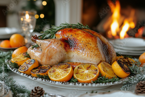 A festive holiday table set in front of a roaring fireplace, featuring a golden turkey garnished with citrus slices and fresh herbs, surrounded by holiday decorations