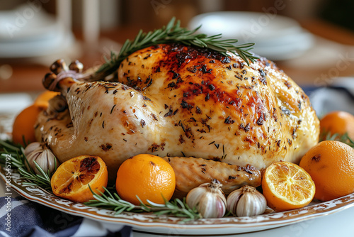 A grand dining room scene with a large turkey resting on an ornate platter, garnished with roasted garlic heads, citrus wedges, and whole sprigs of rosemary