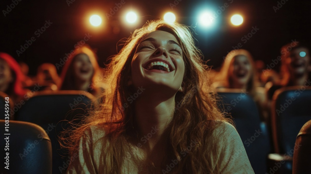 Fototapeta premium A woman laughs in a darkened movie theater