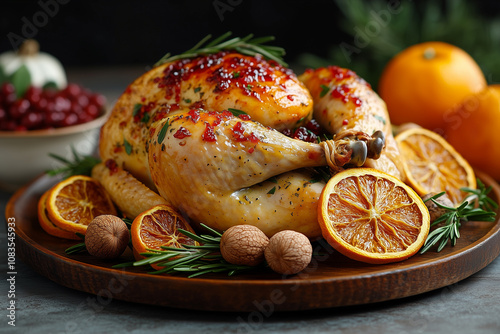 A rustic farmhouse kitchen with a golden turkey served on a vintage wooden platter, surrounded by decorative acorns, dried orange slices, and fresh rosemary