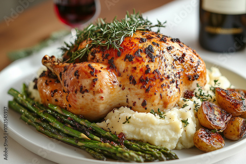 A luxurious holiday presentation with a turkey as the centerpiece, surrounded by truffle-infused mashed potatoes, roasted asparagus, and a bottle of red wine in the background