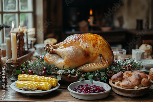 A rustic barn-style dinner scene with a golden-brown turkey as the centerpiece, surrounded by corn on the cob, cranberry sauce, and artisan bread on a wooden table