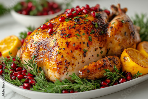 A vibrant food photography shot of a turkey on a white marble platter, accompanied by pomegranate seeds, fresh herbs, and a drizzle of glossy, golden glaze