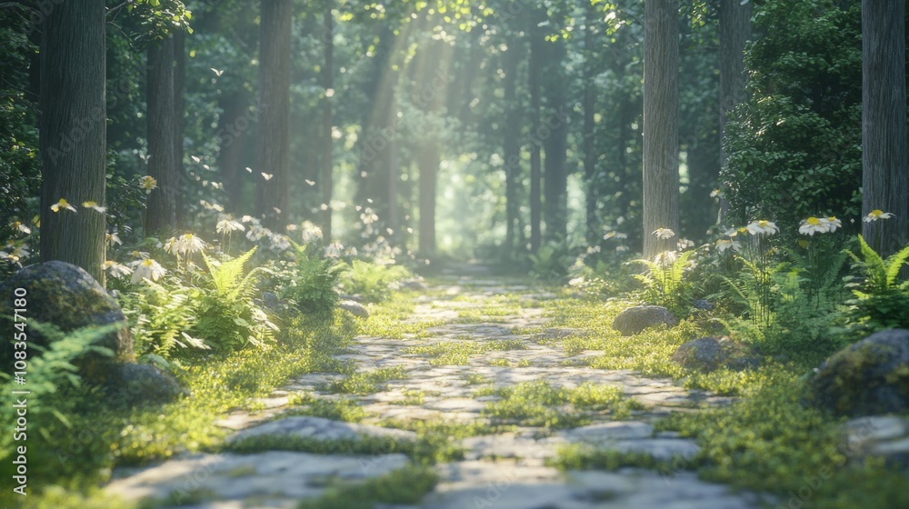 Obraz premium Sunlit Stone Path Through a Lush Forest